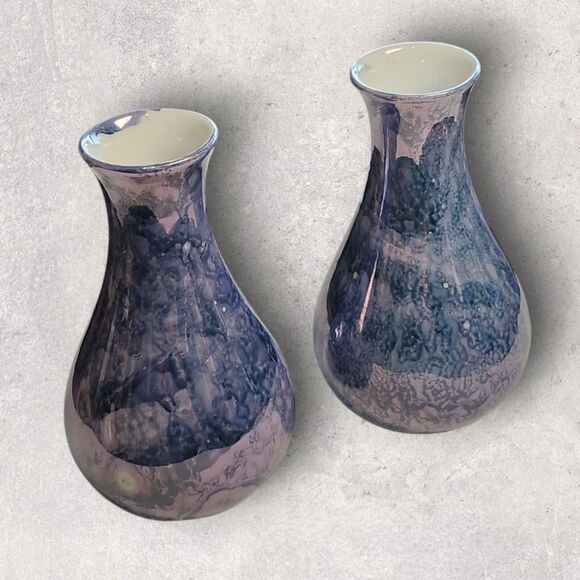 Vintage Lusterware Mini Bud Vases Set of 2 Iridescent Blue Cottagecore Decor - Picture 1 of 7